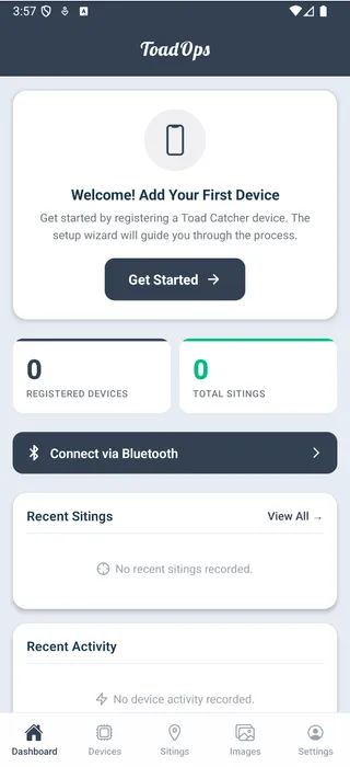 ToadOps mobile app dashboard showing device management