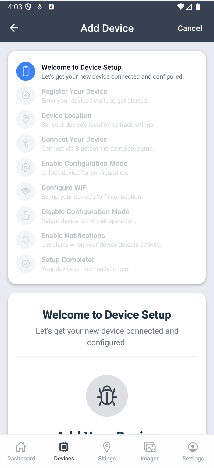 The Add Device setup wizard showing all configuration steps from registration to completion
