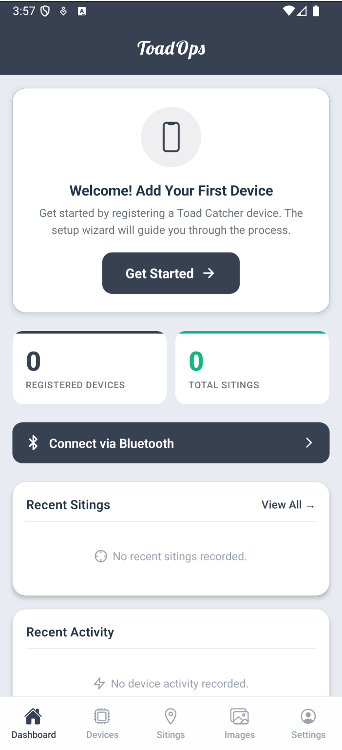 The ToadOps dashboard showing device count, total sitings, Bluetooth connection button, and recent activity